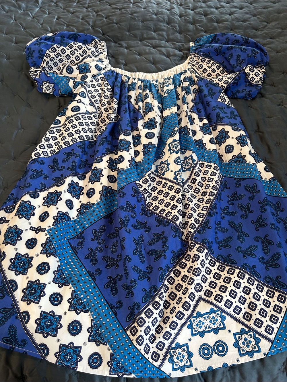 Sugarlips Blue and White Patchwork Puff Sleeve Mini Dress - Picture 2 of 5